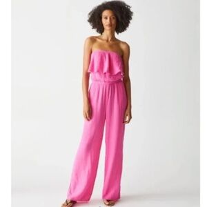 MICHAEL STARS Riya Pink‎ Strapless Cotton Gauze Jumpsuit Wide Leg Beach Size XS